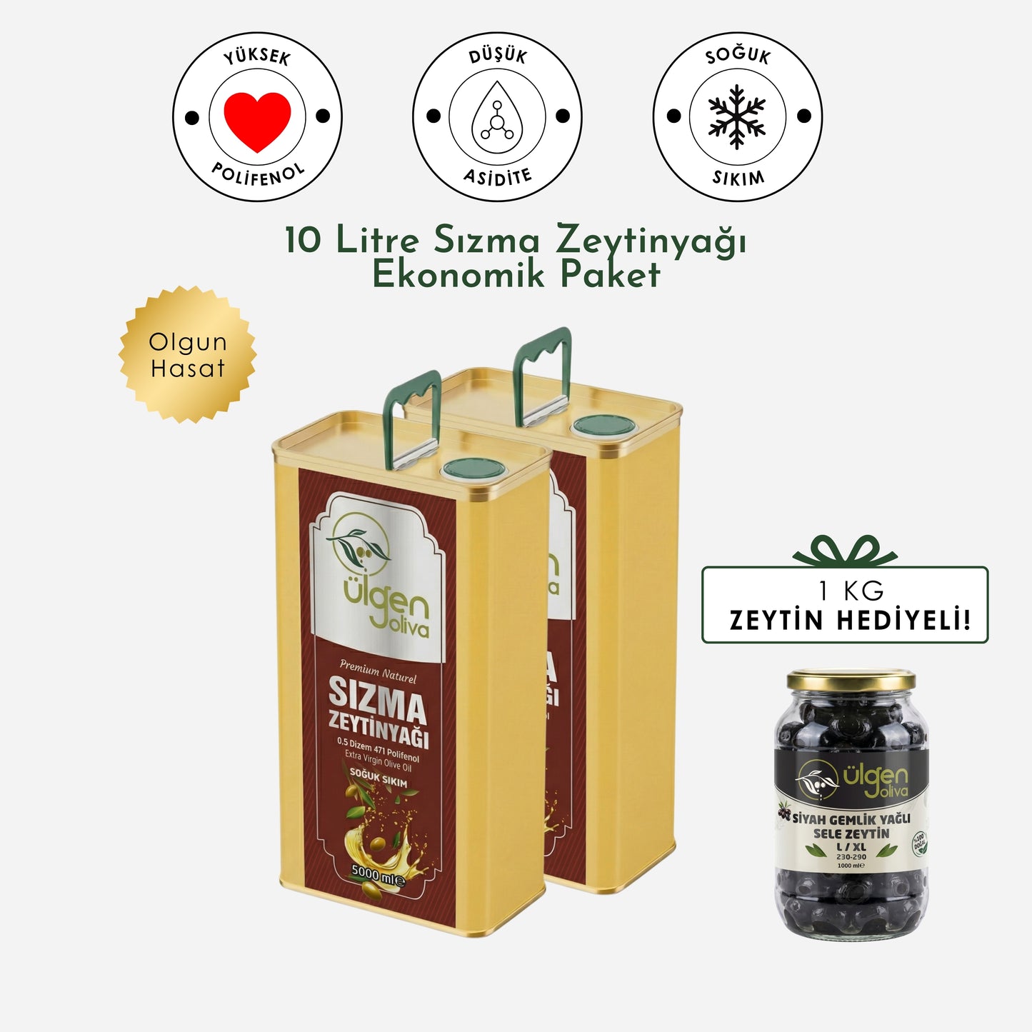 2 Adet Natural Sızma Olgun Hasat Zeytinyağı • 10 lt + Hediye
